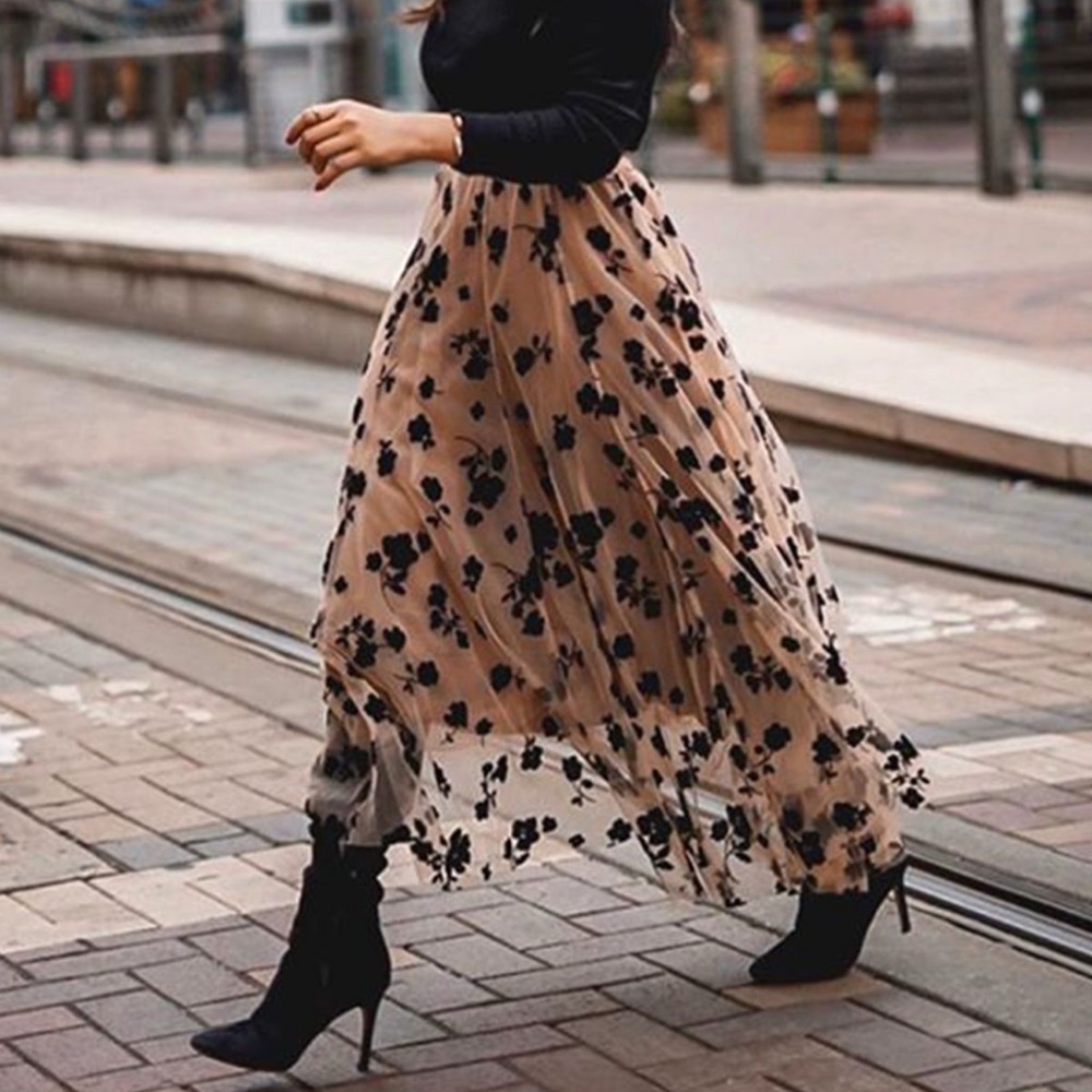 CHIC WISH POSY DOUBLE-LAYERED MESH MIDI SKIRT SIZE S/M